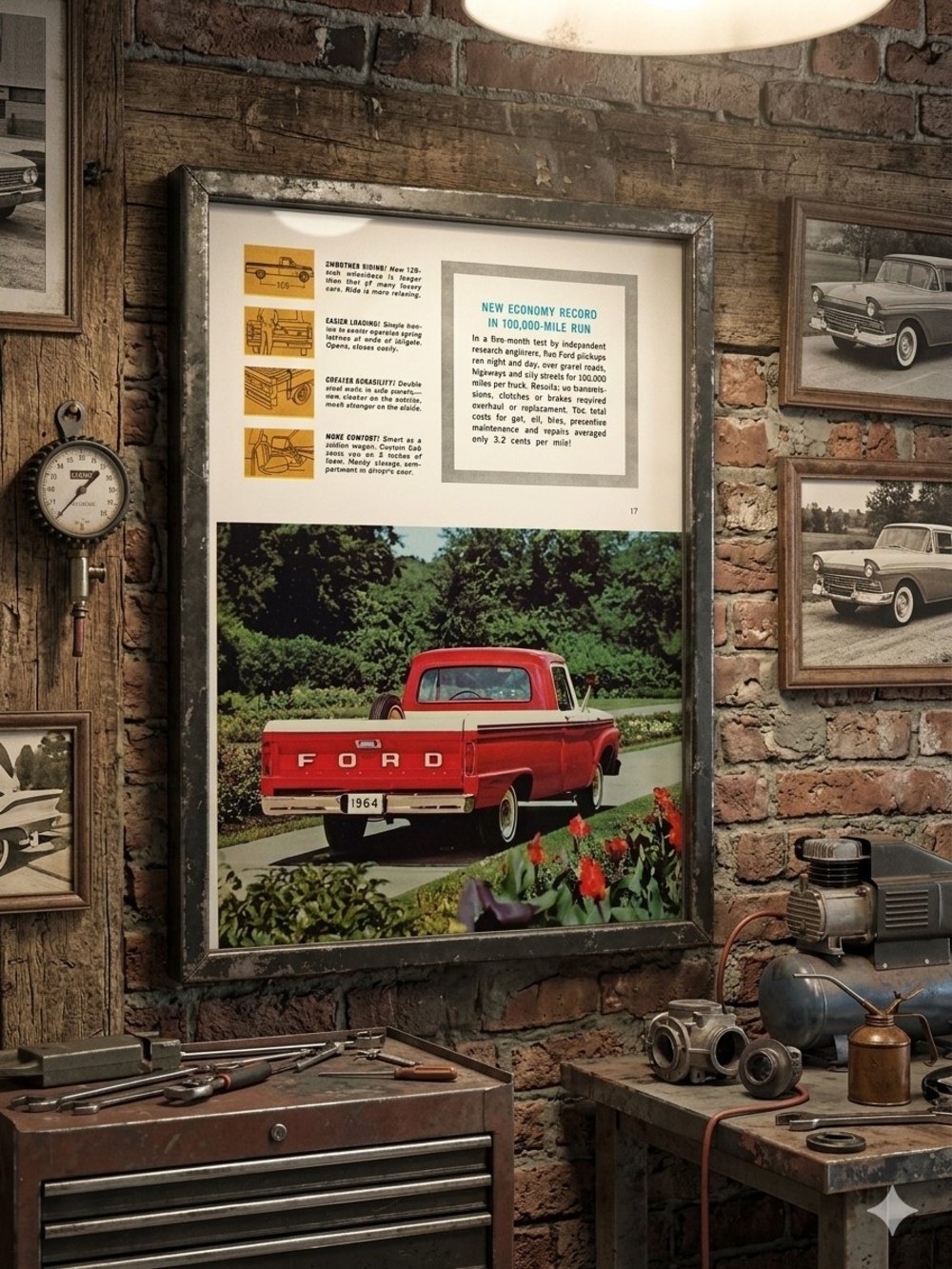 Framed Vintage Ford Pickup Ad - Red